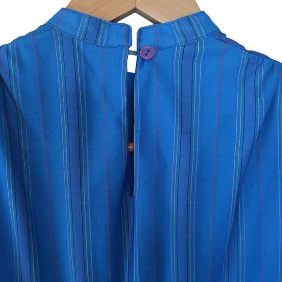 Vintage Teal Blue Striped Ruffle Neck 3/4 Sleeve Midi Dress - Picture 11 of 13